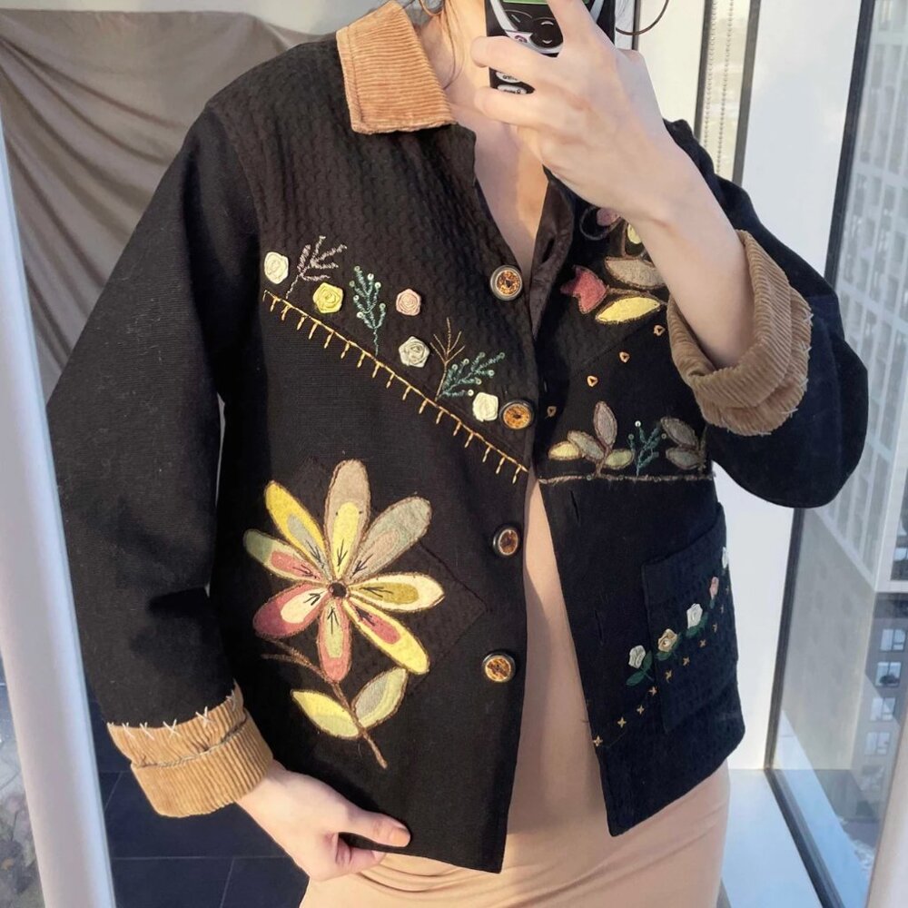 Vintage Floral Embroidered Cotton Jacket - 90s Boho Cardigan